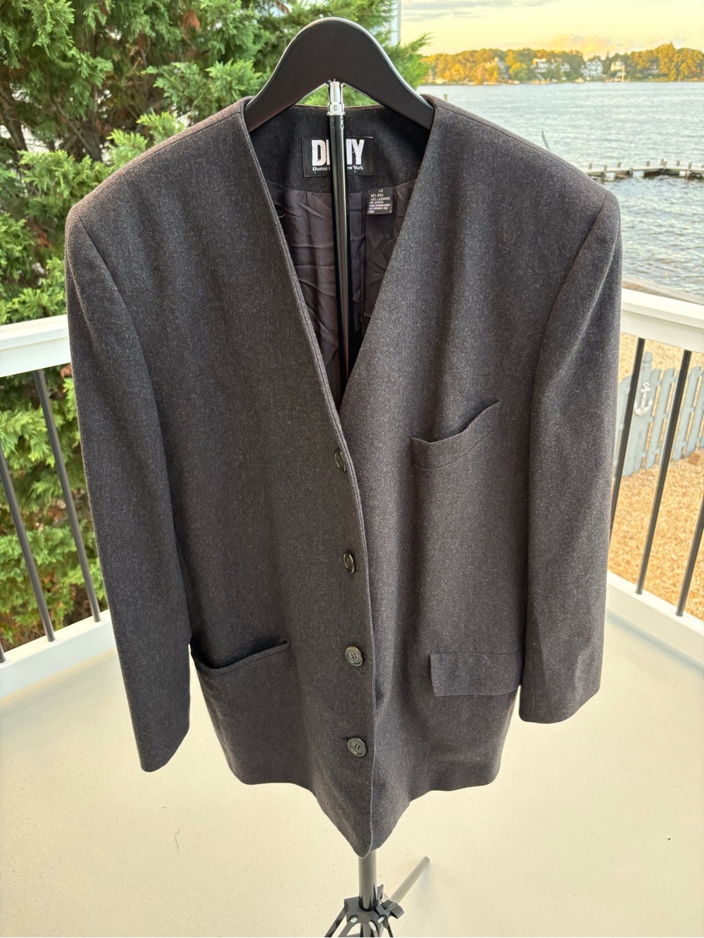 DKNY Black Collarless Wool Blazer Jacket